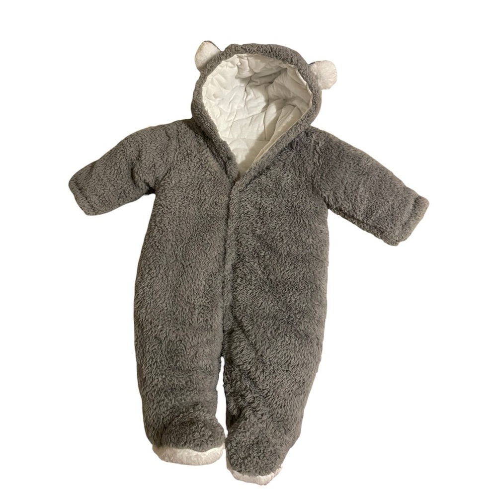 5/$25 Snowsuit 0-3m Furry Winter Bunting Gray Baby Bear Button up Footie EUC